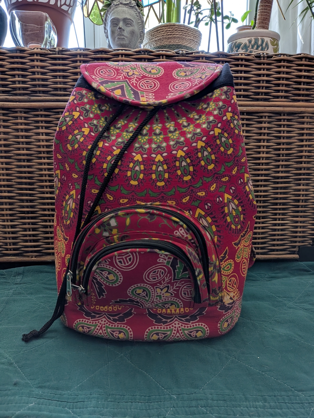 Bohemian Red Patterned Drawstring Backpack